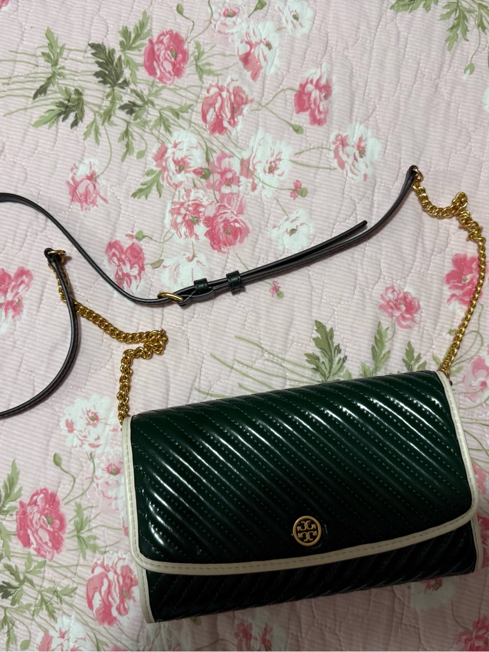 Tory Burch Dark Green Quilted Crossbody with Cream Trim and Gold Chain Strap